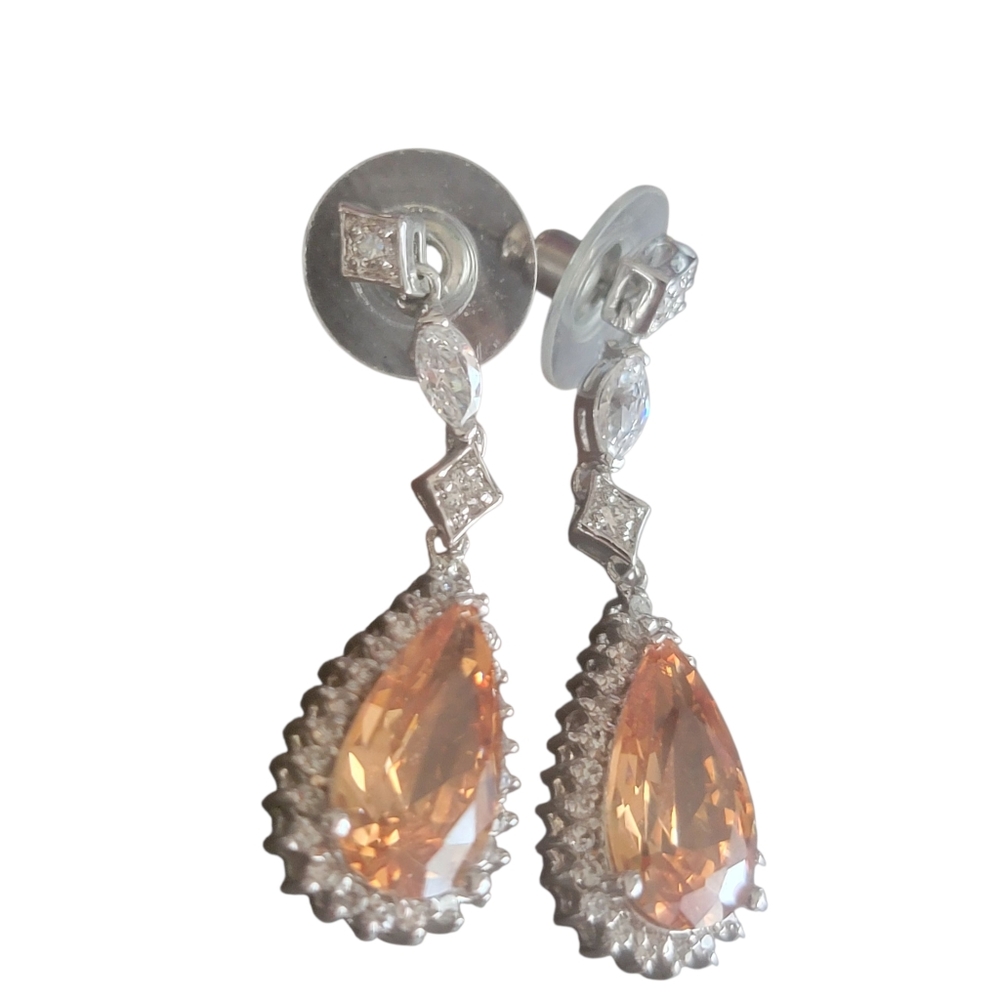 Silver and Orange Crystal Teardrop Earrings